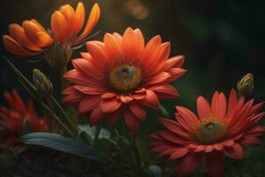 AI generated Beautiful orange gerbera flowers in the garden at sunset. generative ai photo