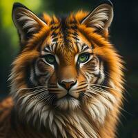 ai generado retrato de un hermosa Tigre en un antecedentes de verde césped. generativo ai foto