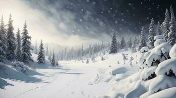 AI generated Snowy winter landscape with fir trees and snowdrifts. Christmas background. generative ai photo