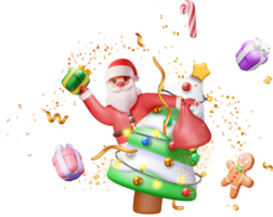 3d santa claus med gåva väska och jul träd png