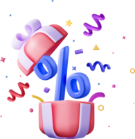 3d geschenk doos met percentage symbool en confetti png