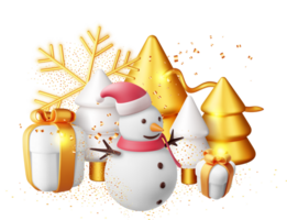 3D Snowman with GIft Boxes and Gold Christmas Tree png