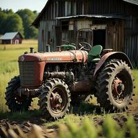 AI generated Old tractor in the field. Photo in old color image style. generative ai