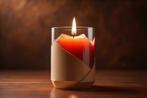 AI generated Burning aroma candle on wooden table against solid color background, copyspace. ai generative photo