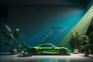 AI generated a green sports car in the dark room with stairs. ai generated photo