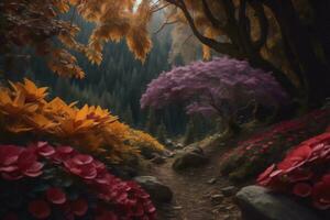 AI generated A fantasy landscape with a path surrounded by flowers. generative ai photo