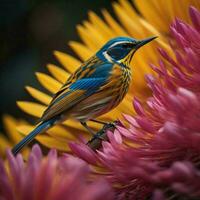 AI generated beautiful bird on the flower in the garden,colorful background. generative ai photo