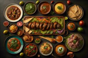 AI generated Indian cuisine. Assorted Indian dishes on dark background. Top view. generative ai photo