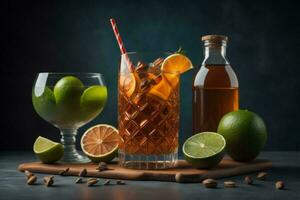 AI generated Cuba libre cocktail with rum, lime and ice on dark background. generative ai photo