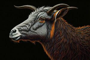 AI generated Portrait of a goat with horns on a black background, digital illustration. ai generated photo