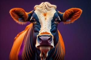 AI generated Close up of a cow's head against a purple background with copy space. ai generated photo