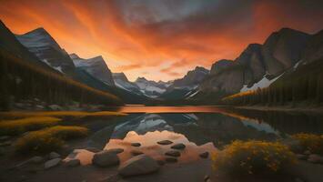 ai generado montañas reflejado en un lago a atardecer, alberta, Canadá. generativo ai foto