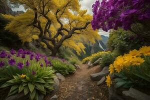 AI generated a path in a garden with flowers and trees. ai generated photo