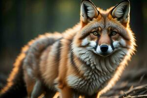 ai generado rojo zorro en el bosque. de cerca retrato de un salvaje animal. generativo ai foto