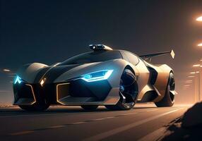 AI generated Futuristic black sports car in neon light. ai generative photo