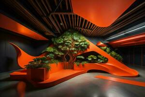 AI generated interior design of modern office with orange wall and floor. generative ai photo