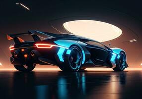 AI generated Futuristic black sports car in neon light. ai generative photo