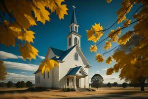 AI generated Church in autumn with yellow maple leaves and blue sky background. generative ai photo