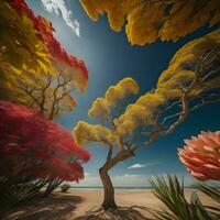 AI generated Autumn landscape with a lonely tree on the beach. generative ai photo