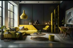 AI generated Interior of modern living room with gray walls, concrete floor, yellow sofa standing near round coffee table and yellow armchair. ai generated photo