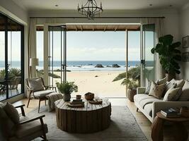 ai generado moderno vivo habitación con mar ver y playa vista. generativo ai foto