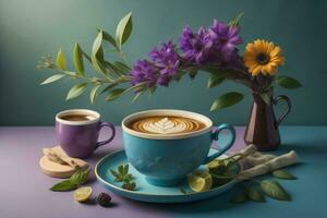 AI generated Cup of coffee with latte art and flowers on blue background. generative ai photo