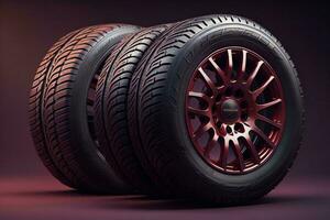 AI generated car wheels on a dark background with a red tint. ai generated photo
