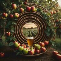 AI generated Glass of beer and apples on a wooden table in an apple orchard. generative ai photo