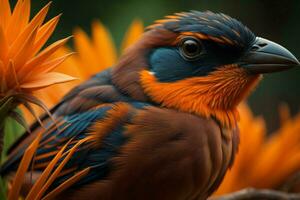 AI generated closeup shot of a colorful bird with orange flowers in the background. generative ai photo