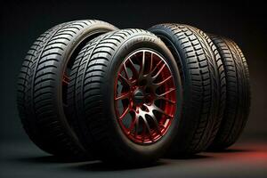 AI generated car tires on a black background with red light. ai generated photo