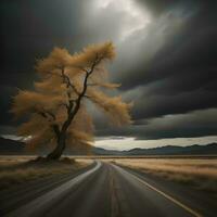 AI generated Road with a tree and stormy sky. generative ai photo