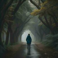 AI generated Woman walking in a foggy forest, generative ai photo