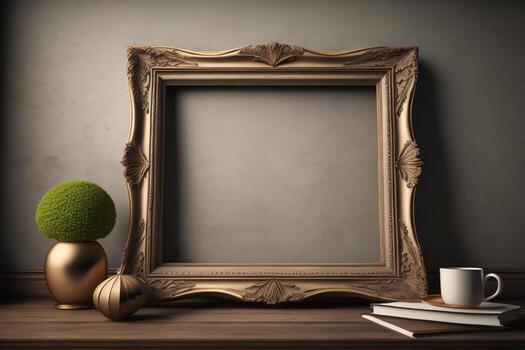 AI generated Wooden picture frame and coffee cup on wooden table. generative ai photo