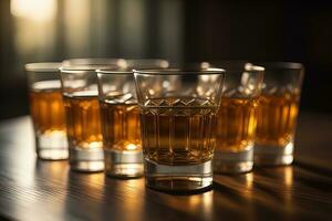 AI generated Glasses of whiskey on a wooden table in a pub or restaurant. ai generative photo