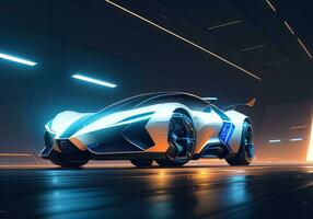 AI generated Futuristic black sports car in neon light. ai generative photo