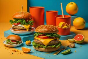 AI generated Fast food background. Hamburger, orange juice, ice cream, orange, grapefruit, lettuce, lemon on blue and orange background. generative ai photo