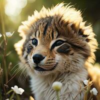 AI generated Portrait of a tiger cub in a meadow with white flowers. generative ai photo