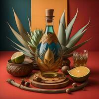 AI generated Bottle of tequila, lemon and pineapples on red background. generative ai photo