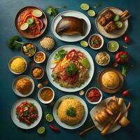 AI generated Indian food. Traditional assorted Indian dishes. Top view. Flat lay. generative ai photo