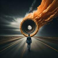 AI generated Businessman standing on the road and looking at a huge tornado. generative ai photo