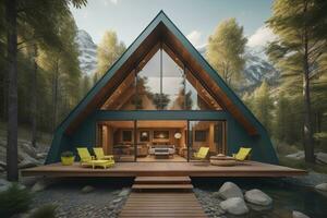 AI generated modern cozy chalet with pool and parking for sale or rent in forest. Mountain view in the background. generative ai photo