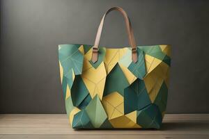 AI generated Fashionable handbag made of polygonal paper on wooden floor. generative ai photo