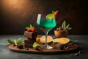 AI generated Cocktail with mint, strawberries and chocolate on a dark background. generative ai photo