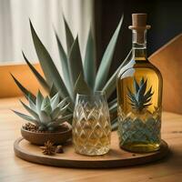 AI generated Aloe vera and tequila bottle on wooden table, generative ai photo