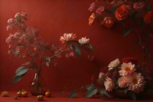 AI generated still life with flowers and a vase of dried flowers on a red background. ai generated photo