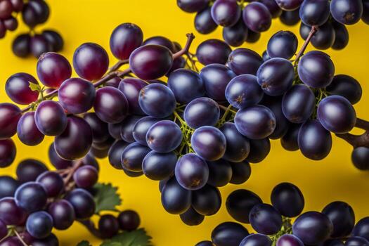 AI generated Bunch of black grapes on a yellow background. Top view. ai generated photo