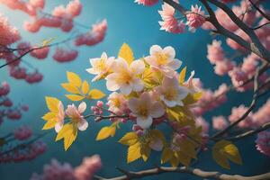 AI generated cherry blossom sakura flower on blue sky background, ai generative photo