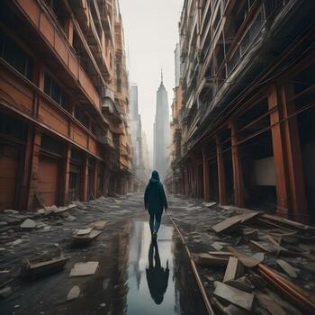 AI generated A man in a raincoat walks along a flooded street in the city. generative ai photo