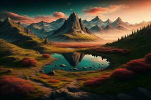 AI generated Beautiful fantasy landscape with lake and mountains. generative ai photo