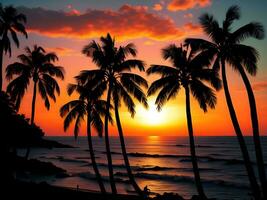 ai generado silueta de palma arboles en un tropical playa a puesta de sol. generativo ai foto